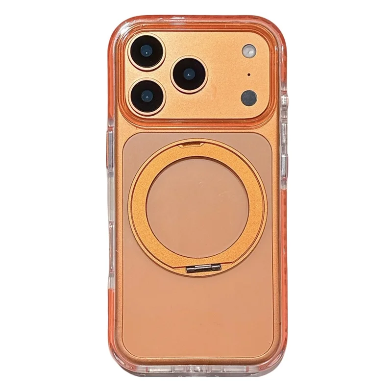 For iPhone 17 Pro Case Compatible with MagSafe Rotating Kickstand TPU PC Clear Phone Cover with Metal Buttons - Orange