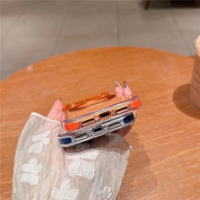 For iPhone 17 Pro Case Compatible with MagSafe Rotating Kickstand TPU PC Clear Phone Cover with Metal Buttons - Orange