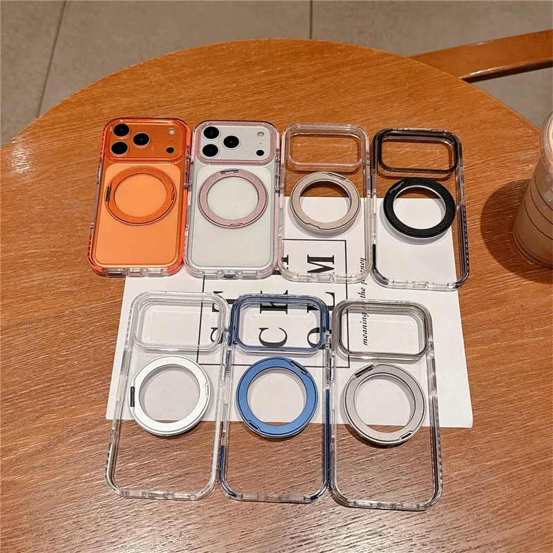 For iPhone 17 Pro Case Compatible with MagSafe Rotating Kickstand TPU PC Clear Phone Cover with Metal Buttons - Orange