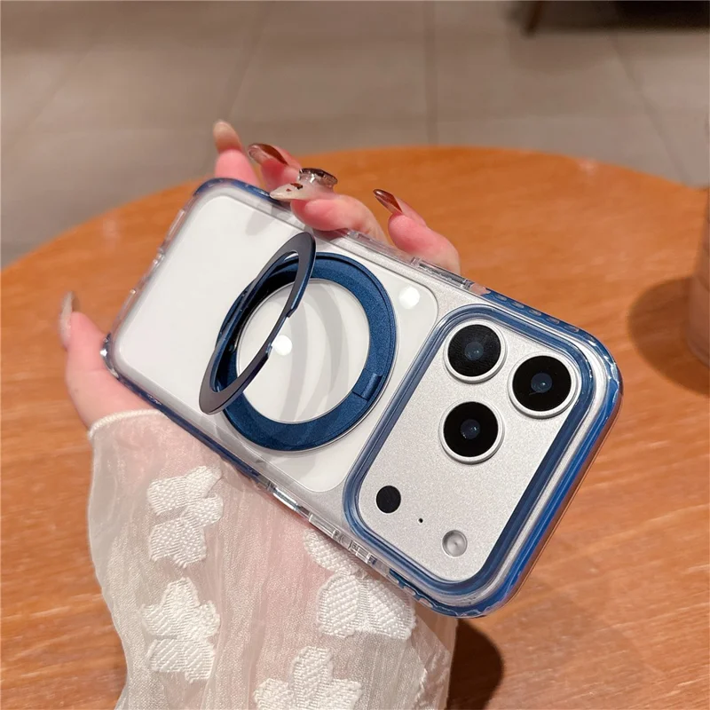 For iPhone 17 Pro Case Rotating Kickstand TPU PC Clear Phone Cover with Metal Buttons - Blue