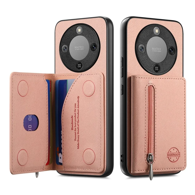 Phone Case For Honor Magic8 Lite 5G  /  X9d 5G  /  X70 5G Zipper Card Holder Kickstand Jeans Cloth Texture Leather Back Cover - Pink