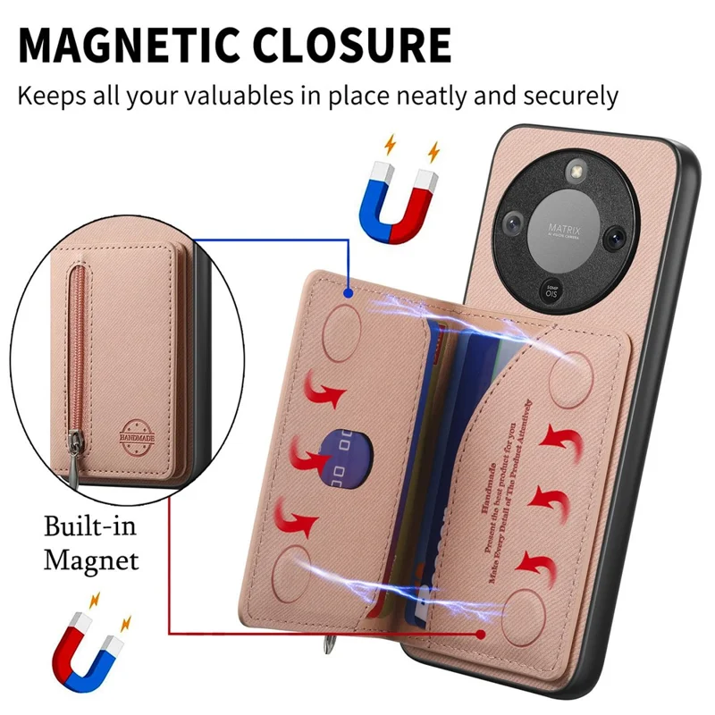 Phone Case For Honor Magic8 Lite 5G  /  X9d 5G  /  X70 5G Zipper Card Holder Kickstand Jeans Cloth Texture Leather Back Cover - Pink