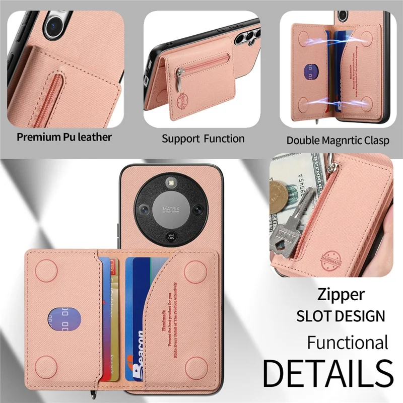 Phone Case For Honor Magic8 Lite 5G  /  X9d 5G  /  X70 5G Zipper Card Holder Kickstand Jeans Cloth Texture Leather Back Cover - Pink