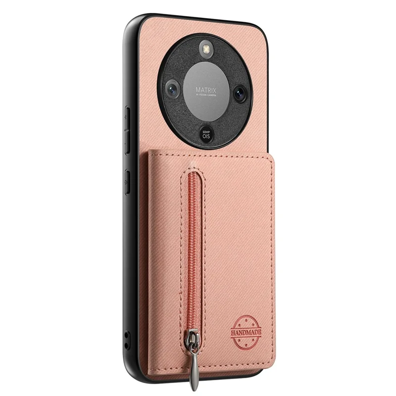 Phone Case For Honor Magic8 Lite 5G  /  X9d 5G  /  X70 5G Zipper Card Holder Kickstand Jeans Cloth Texture Leather Back Cover - Pink