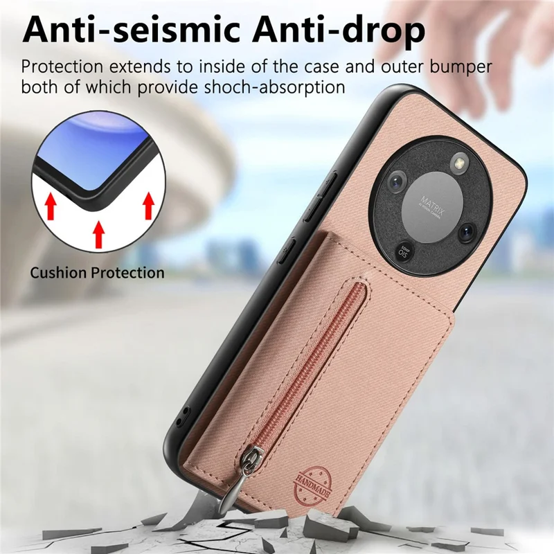 Phone Case For Honor Magic8 Lite 5G  /  X9d 5G  /  X70 5G Zipper Card Holder Kickstand Jeans Cloth Texture Leather Back Cover - Pink