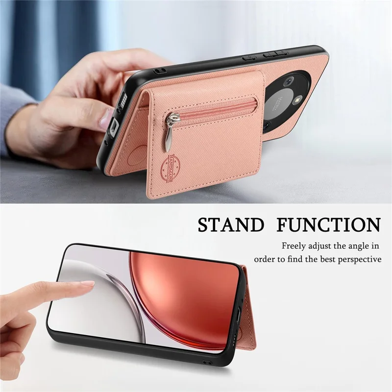 Phone Case For Honor Magic8 Lite 5G  /  X9d 5G  /  X70 5G Zipper Card Holder Kickstand Jeans Cloth Texture Leather Back Cover - Pink