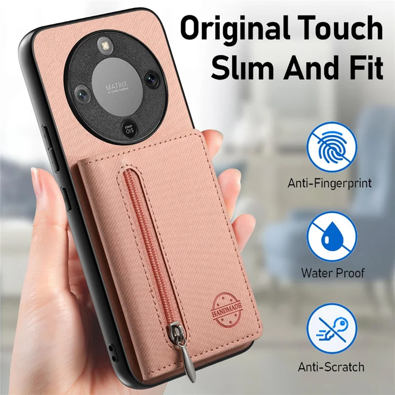 Phone Case For Honor Magic8 Lite 5G  /  X9d 5G  /  X70 5G Zipper Card Holder Kickstand Jeans Cloth Texture Leather Back Cover - Pink