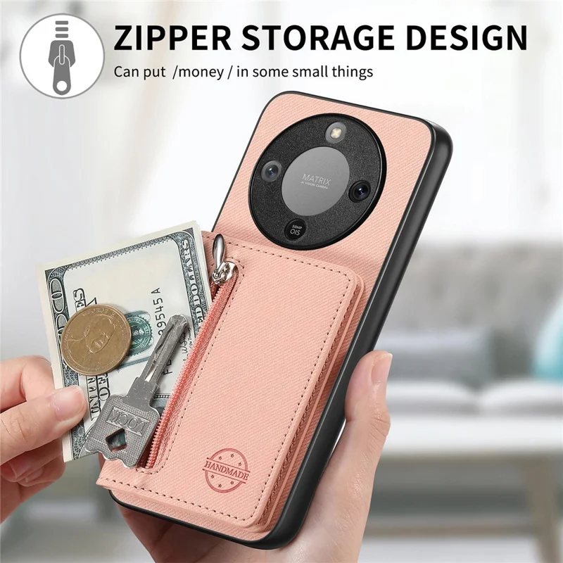 Phone Case For Honor Magic8 Lite 5G  /  X9d 5G  /  X70 5G Zipper Card Holder Kickstand Jeans Cloth Texture Leather Back Cover - Pink