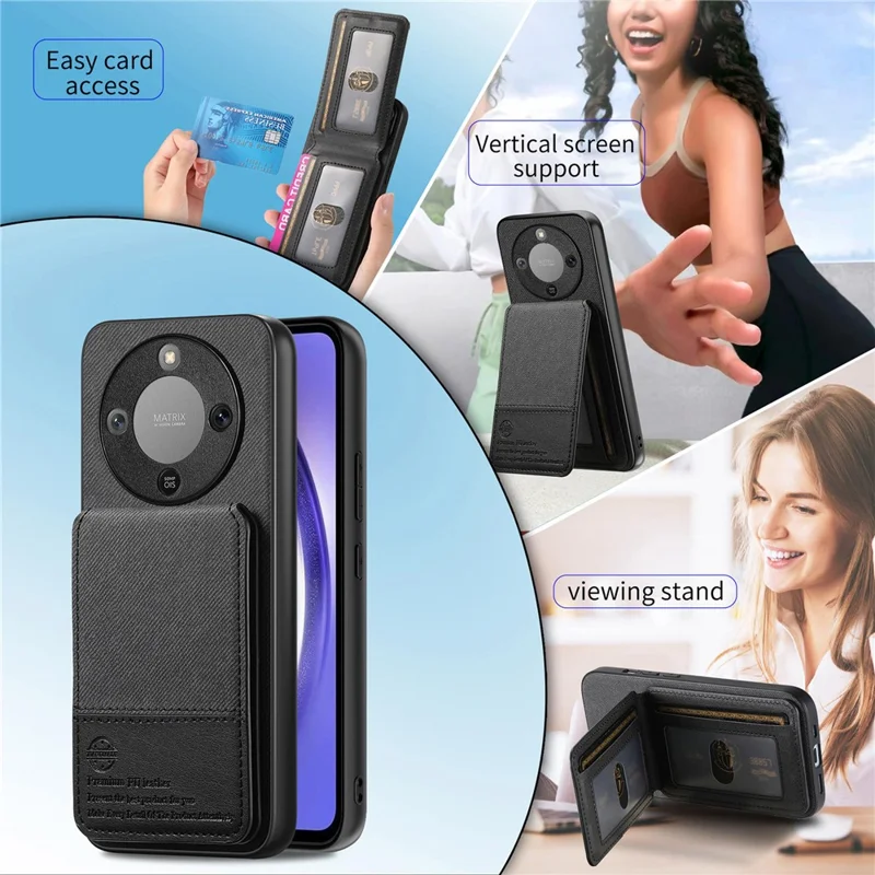 Phone Case For Honor Magic8 Lite 5G  /  X9d 5G  /  X70 5G Cloth Texture Leather + PC + TPU Cover with RFID Blocking Card Holder - Black