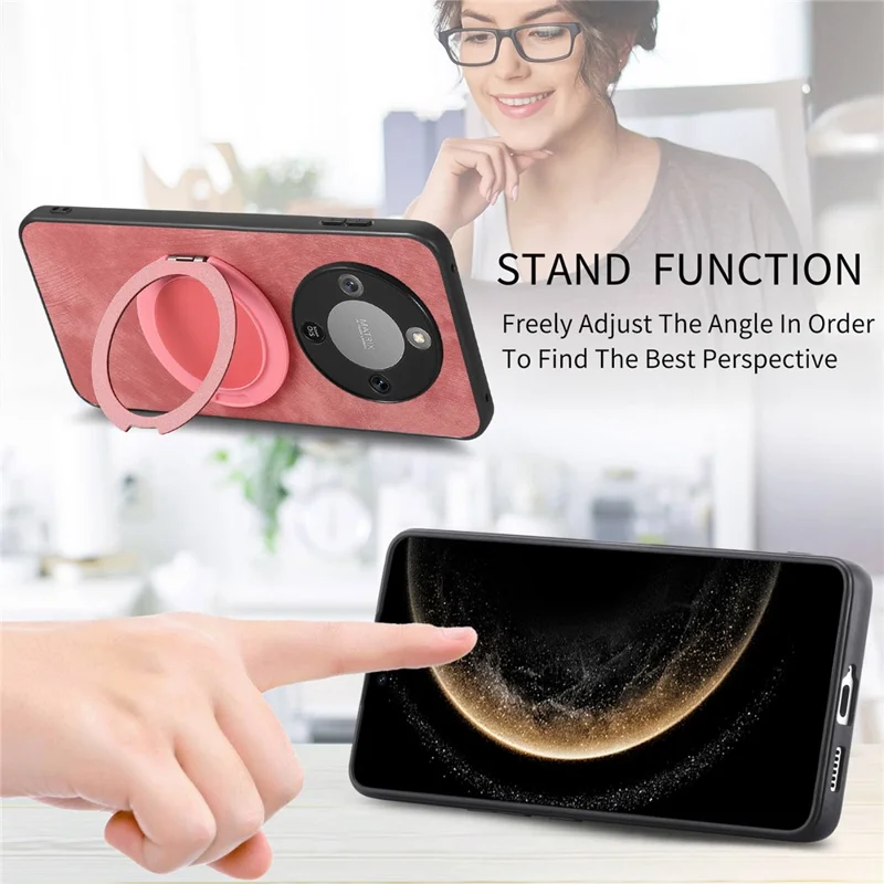 Phone Case For Honor Magic8 Lite 5G  /  X9d 5G  /  X9d 5G Stress Relief Retro Leather Back Cover with Rotating Kickstand - Pink