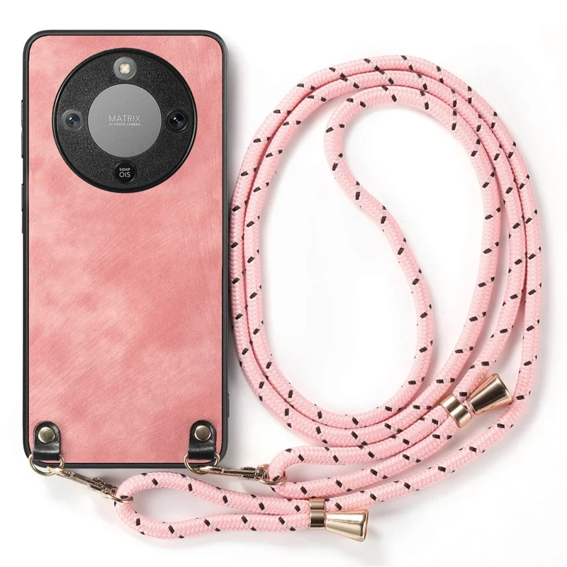 Phone Case For Honor Magic8 Lite 5G  /  X9d 5G  /  X70 5G Retro Leather Back Cover with Adjustable Strap - Pink