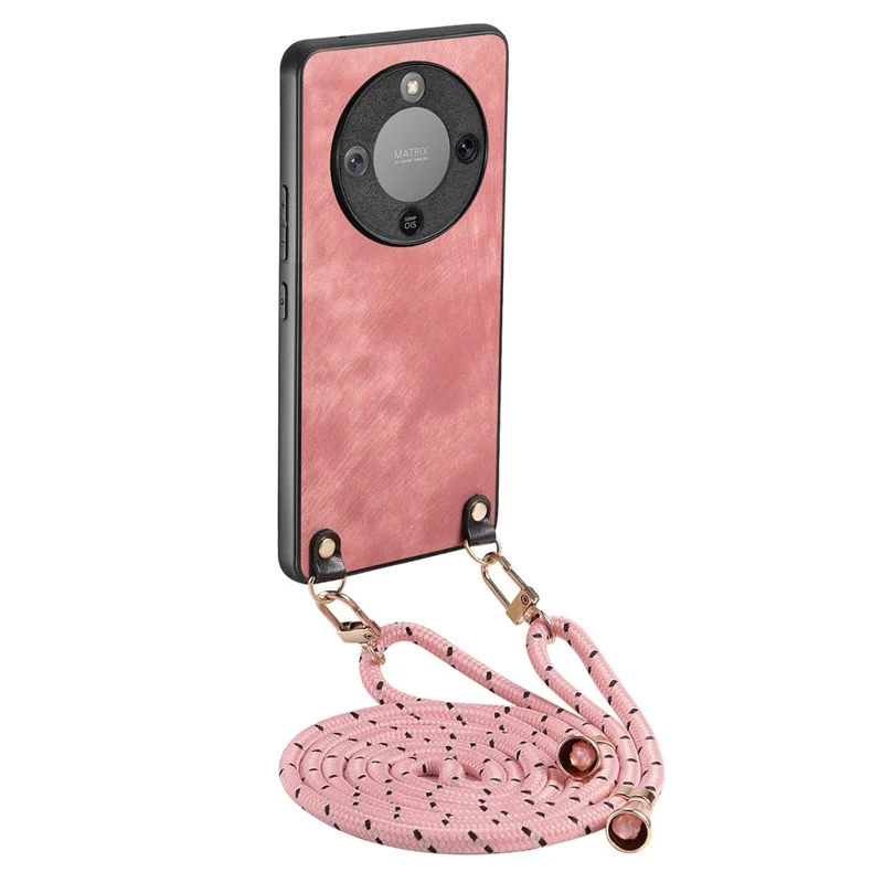 Phone Case For Honor Magic8 Lite 5G  /  X9d 5G  /  X70 5G Retro Leather Back Cover with Adjustable Strap - Pink