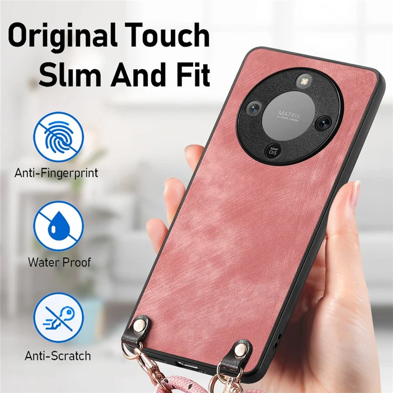 Phone Case For Honor Magic8 Lite 5G  /  X9d 5G  /  X70 5G Retro Leather Back Cover with Adjustable Strap - Pink