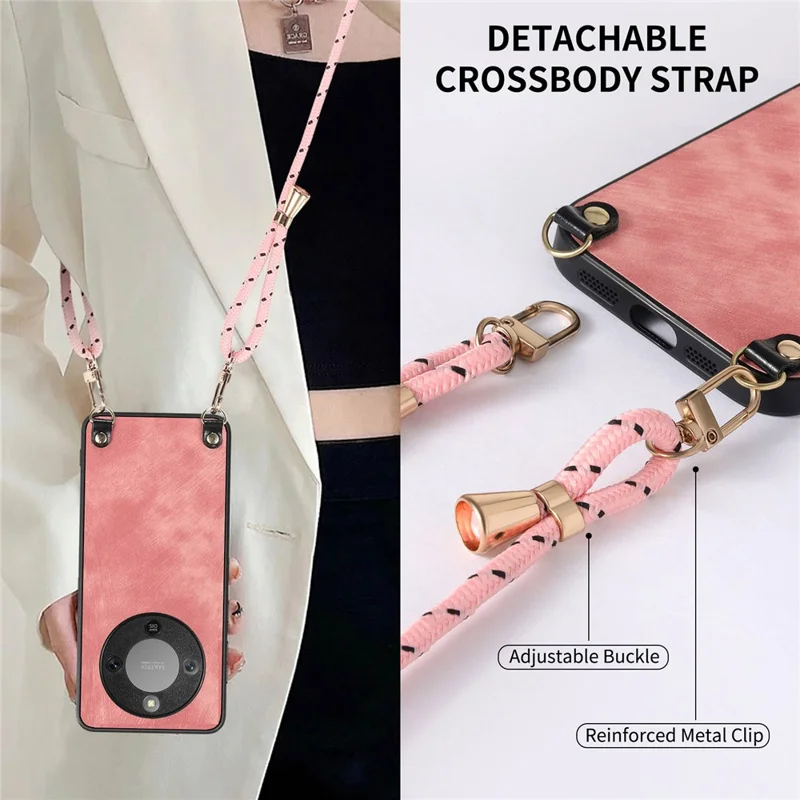 Phone Case For Honor Magic8 Lite 5G  /  X9d 5G  /  X70 5G Retro Leather Back Cover with Adjustable Strap - Pink