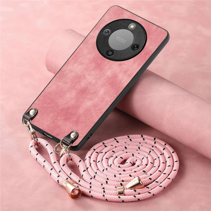 Phone Case For Honor Magic8 Lite 5G  /  X9d 5G  /  X70 5G Retro Leather Back Cover with Adjustable Strap - Pink