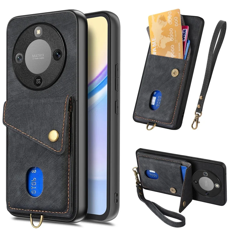 Phone Case For Honor Magic8 Lite 5G  /  X9d 5G  /  X70 5G Card Holder Kickstand Leather Back Cover with Wrist Strap - Black