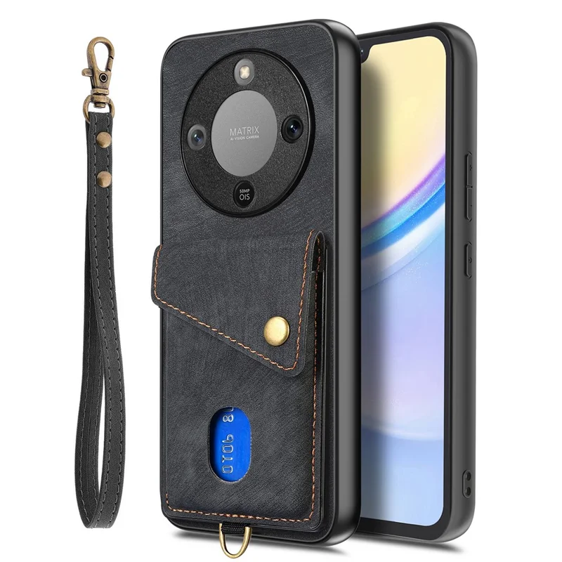 Phone Case For Honor Magic8 Lite 5G  /  X9d 5G  /  X70 5G Card Holder Kickstand Leather Back Cover with Wrist Strap - Black
