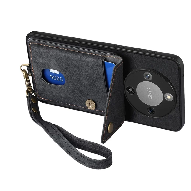 Phone Case For Honor Magic8 Lite 5G  /  X9d 5G  /  X70 5G Card Holder Kickstand Leather Back Cover with Wrist Strap - Black