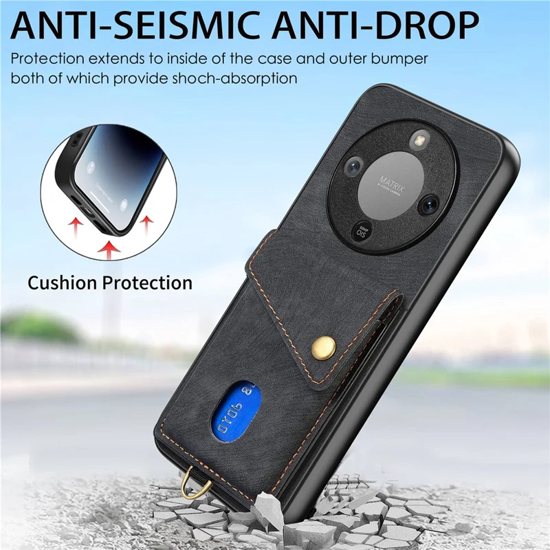 Phone Case For Honor Magic8 Lite 5G  /  X9d 5G  /  X70 5G Card Holder Kickstand Leather Back Cover with Wrist Strap - Black