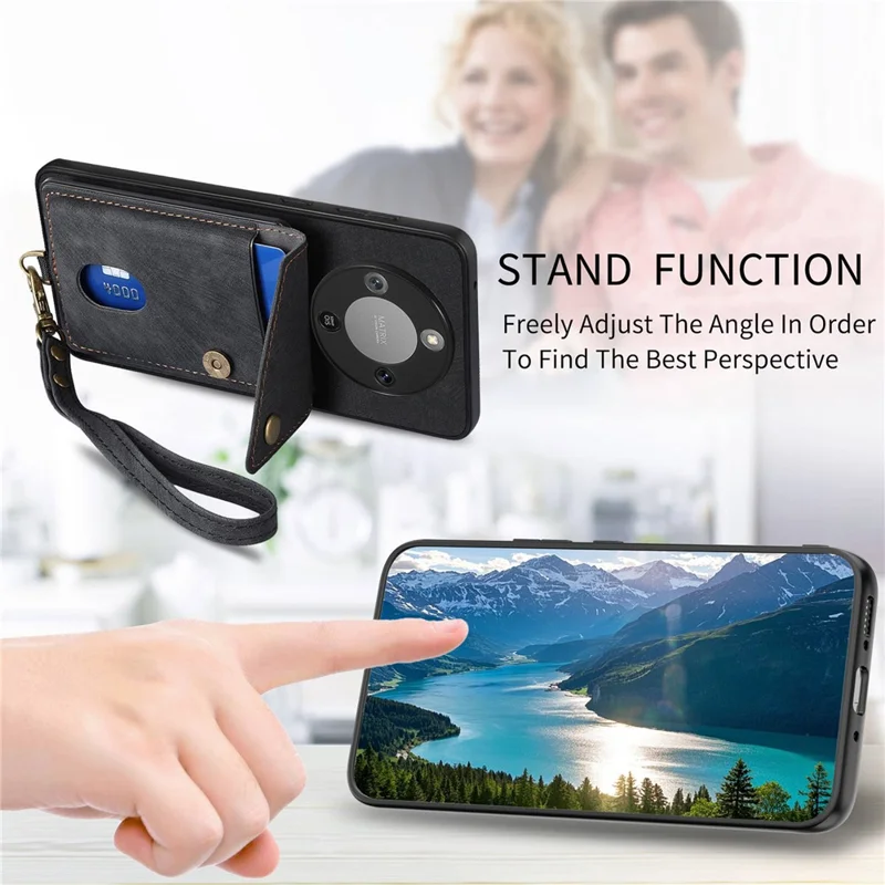 Phone Case For Honor Magic8 Lite 5G  /  X9d 5G  /  X70 5G Card Holder Kickstand Leather Back Cover with Wrist Strap - Black