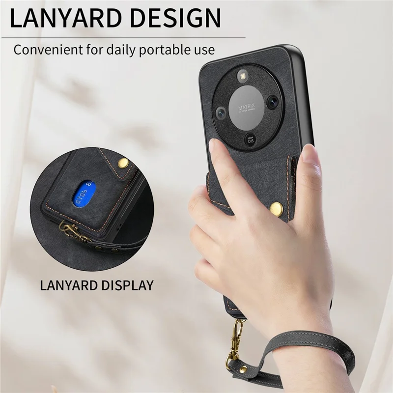 Phone Case For Honor Magic8 Lite 5G  /  X9d 5G  /  X70 5G Card Holder Kickstand Leather Back Cover with Wrist Strap - Black