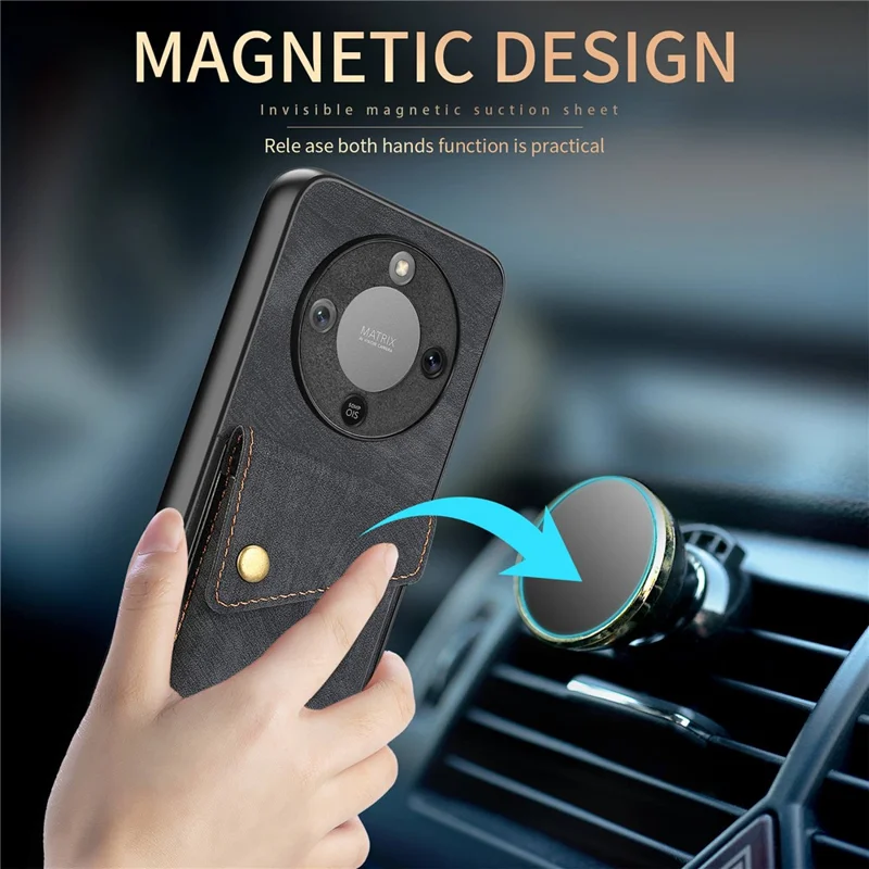 Phone Case For Honor Magic8 Lite 5G  /  X9d 5G  /  X70 5G Card Holder Kickstand Leather Back Cover with Wrist Strap - Black