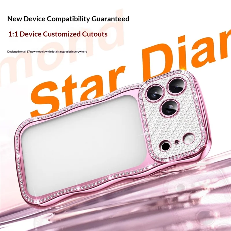 For iPhone 17 Pro Case Electroplated Wave Frame Rhinestone Decor TPU Phone Cover - Pink