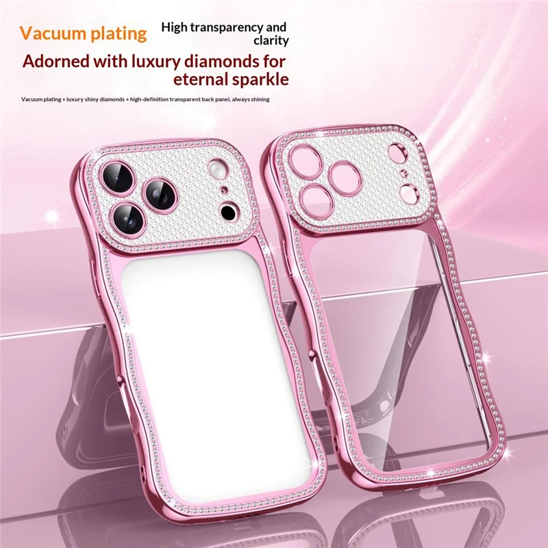 For iPhone 17 Pro Case Electroplated Wave Frame Rhinestone Decor TPU Phone Cover - Pink
