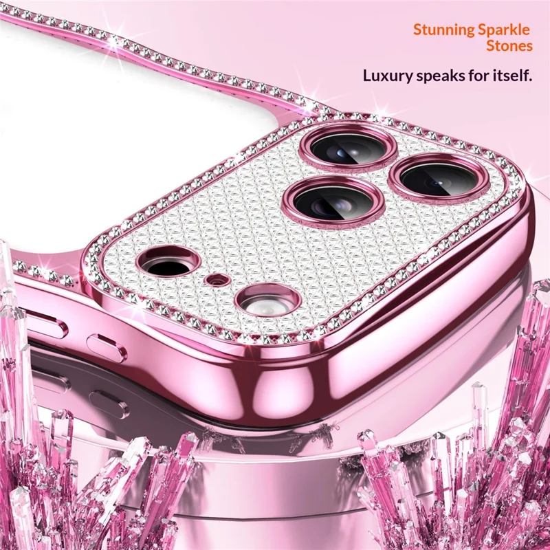 For iPhone 17 Pro Case Electroplated Wave Frame Rhinestone Decor TPU Phone Cover - Pink