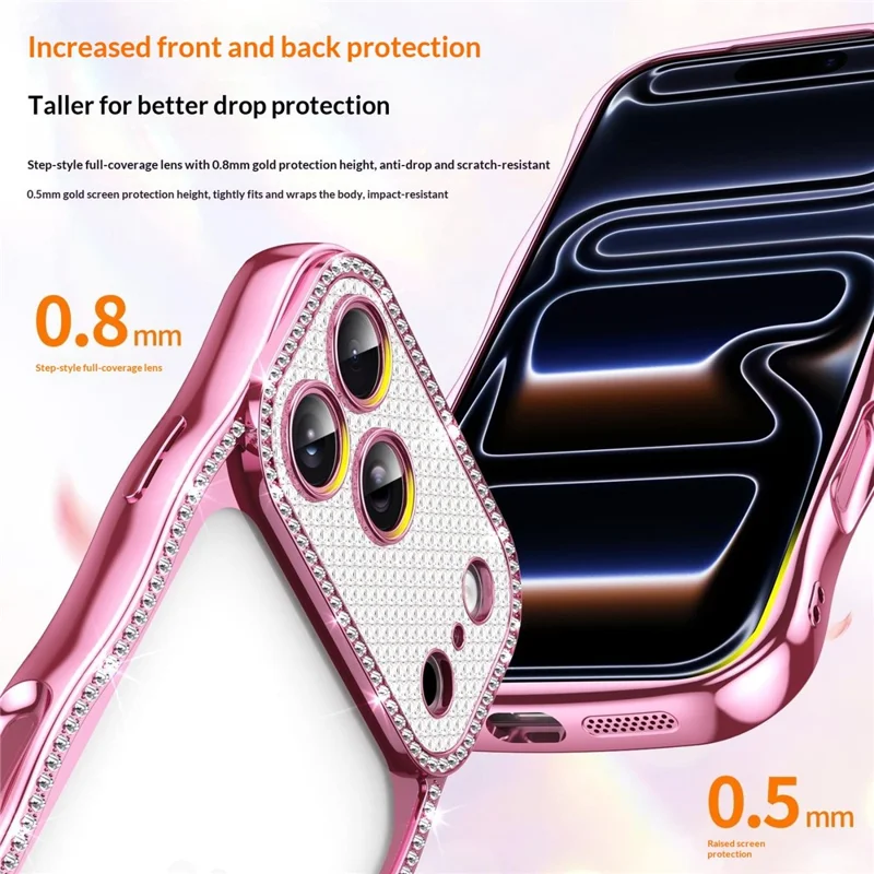 For iPhone 17 Pro Case Electroplated Wave Frame Rhinestone Decor TPU Phone Cover - Pink