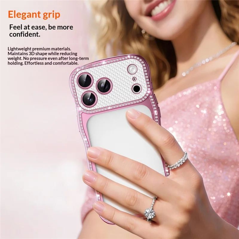 For iPhone 17 Pro Case Electroplated Wave Frame Rhinestone Decor TPU Phone Cover - Pink