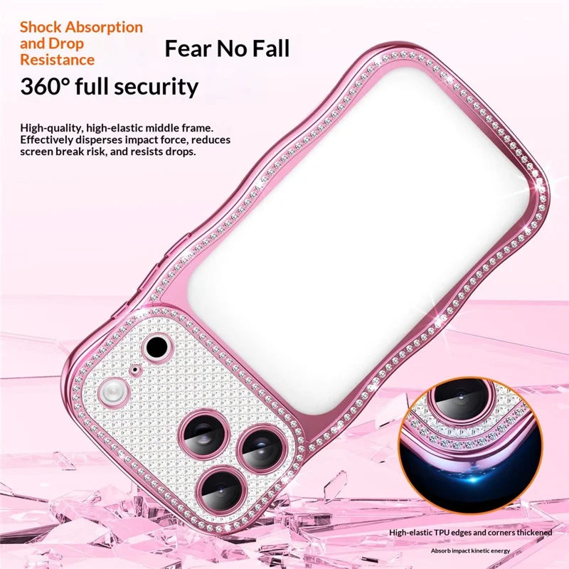 For iPhone 17 Pro Max Case Electroplated Wave Frame Rhinestone Decor TPU Phone Cover - Pink