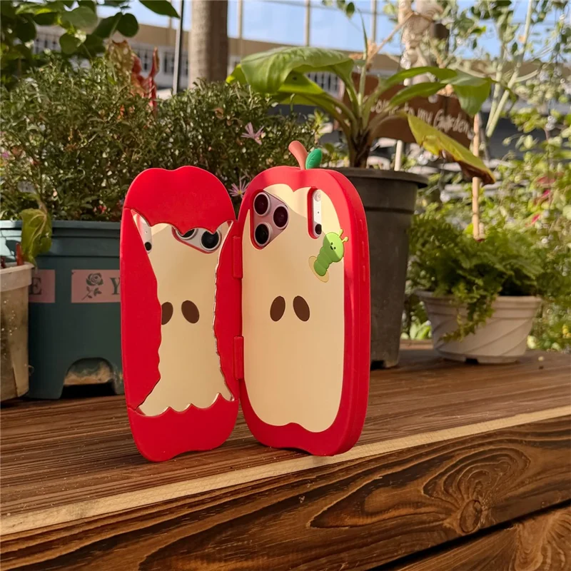 For iPhone 17 Pro Case Flip Mirror Apple-Shaped Shockproof Silicone Phone Back Cover