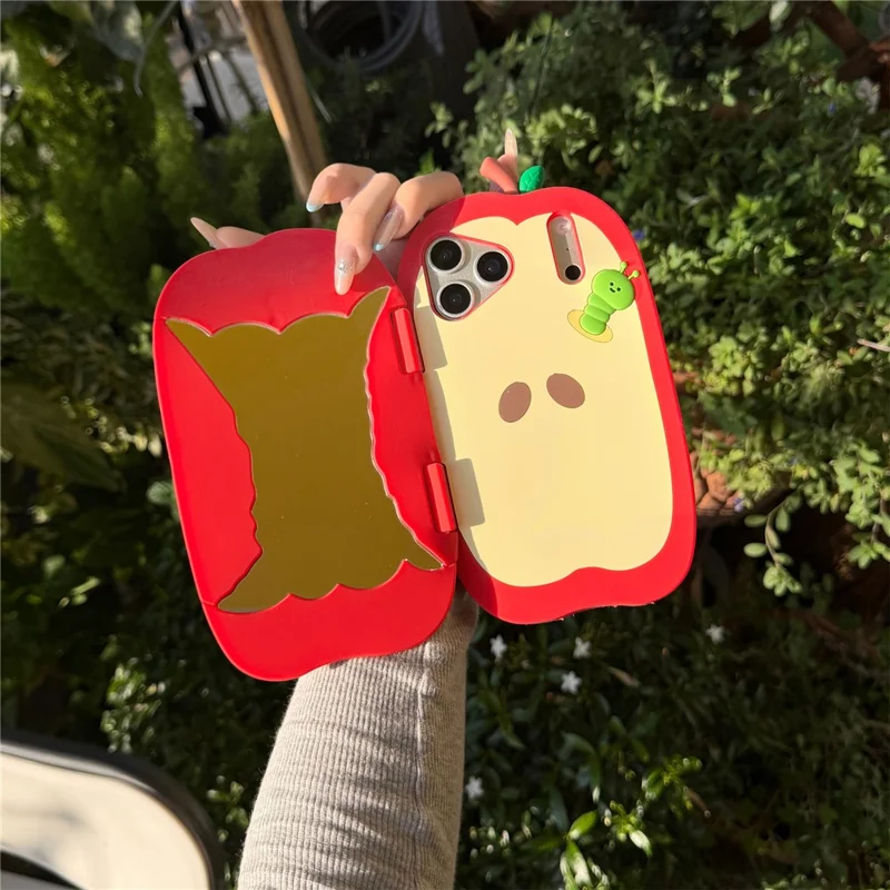 For iPhone 17 Pro Max Case Flip Mirror Apple-Shaped Shockproof Silicone Phone Back Cover