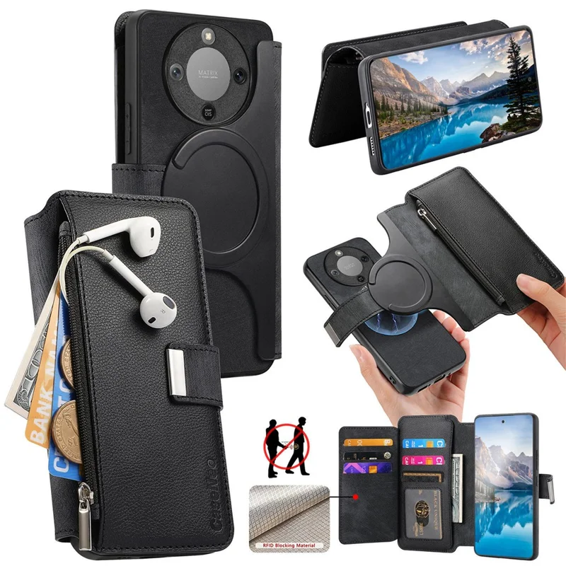 CASENEO MW-02 Phone Case For Honor Magic8 Lite 5G  /  X9d 5G  /  X70 5G Detachable Magnetic Leather Flip Cover - Black