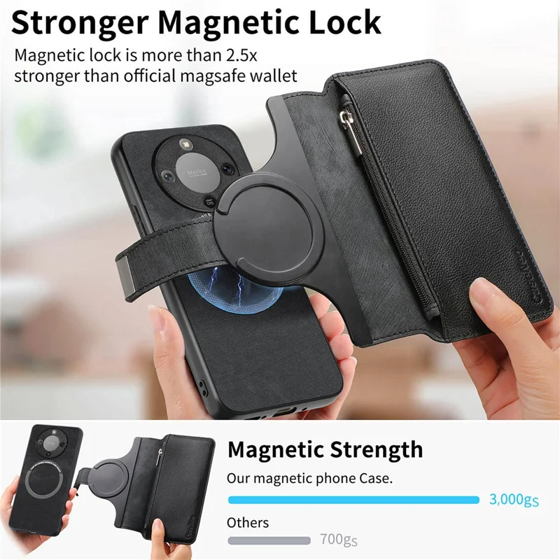 CASENEO MW-02 Phone Case For Honor Magic8 Lite 5G  /  X9d 5G  /  X70 5G Detachable Magnetic Leather Flip Cover - Black