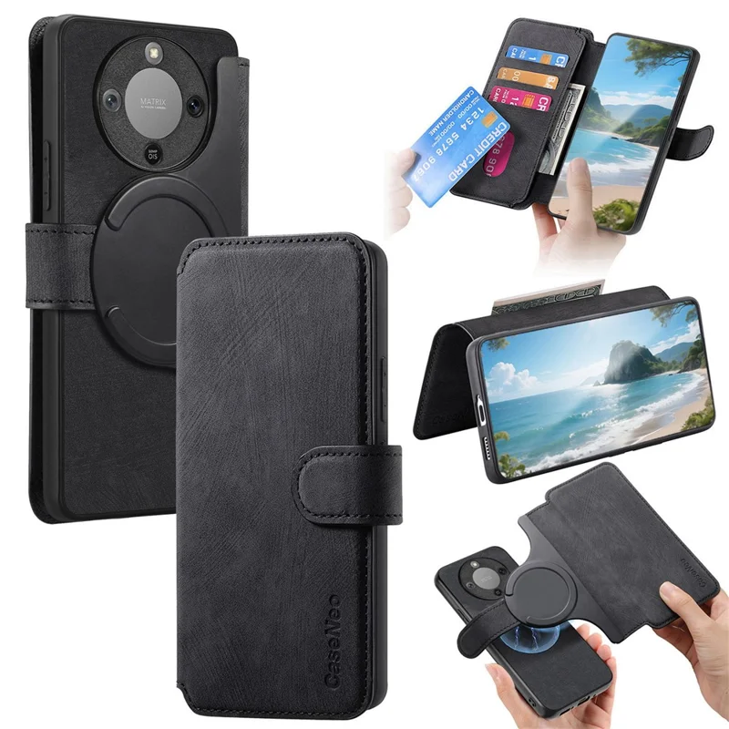 CASENEO MW-03 Detachable Wallet Case For Honor Magic8 Lite 5G  /  X9d 5G  /  X70 5G Leather + TPU Phone Cover - Black