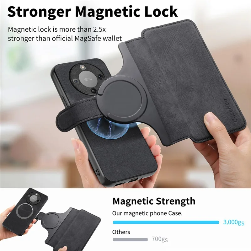 CASENEO MW-03 Detachable Wallet Case For Honor Magic8 Lite 5G  /  X9d 5G  /  X70 5G Leather + TPU Phone Cover - Black