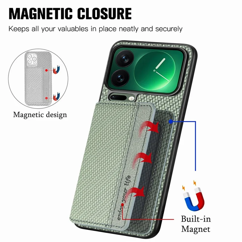 For Xiaomi 17 Pro Case RFID Blocking Carbon Fiber Leather Phone Back Cover with Card Holder - Green