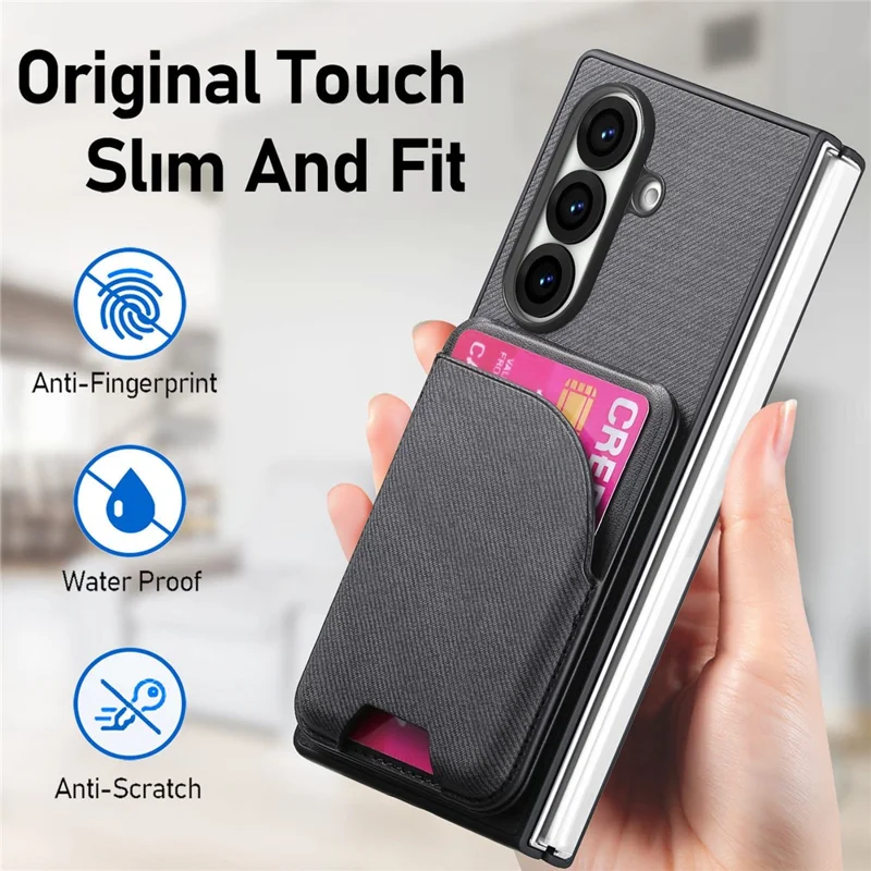 For Samsung Galaxy Z Fold7 5G Magnetic Case Kickstand Denim Texture Leather Back Cover with Detachable Card Bag - Black