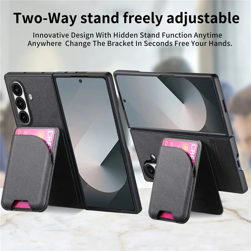 For Samsung Galaxy Z Fold7 5G Magnetic Case Kickstand Denim Texture Leather Back Cover with Detachable Card Bag - Black