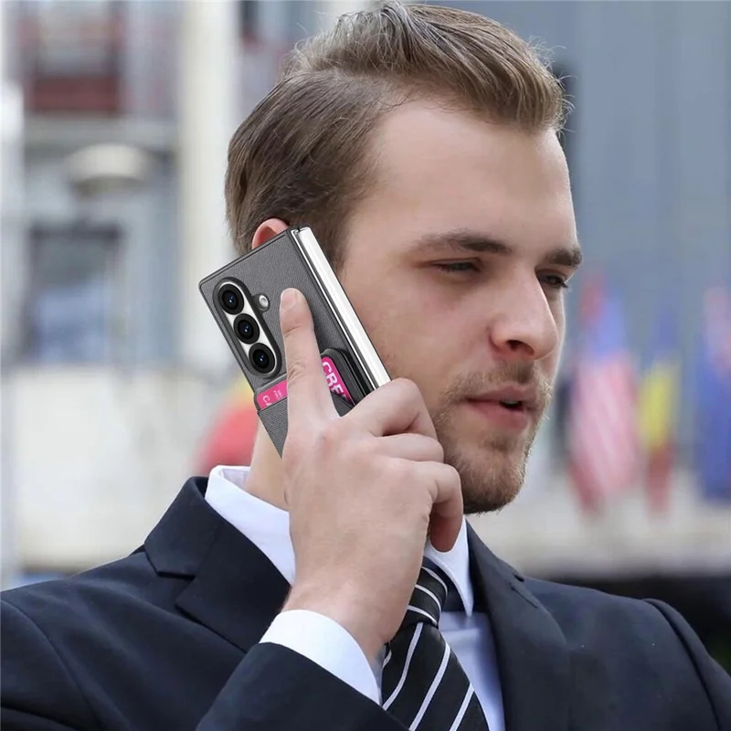 For Samsung Galaxy Z Fold7 5G Magnetic Case Kickstand Denim Texture Leather Back Cover with Detachable Card Bag - Black