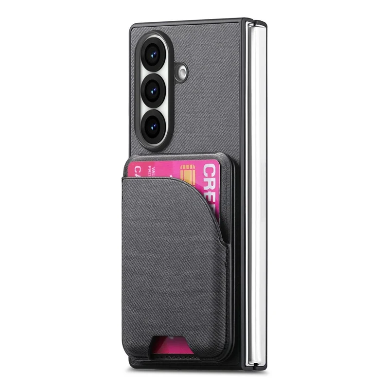 For Samsung Galaxy Z Fold7 5G Magnetic Case Kickstand Denim Texture Leather Back Cover with Detachable Card Bag - Black