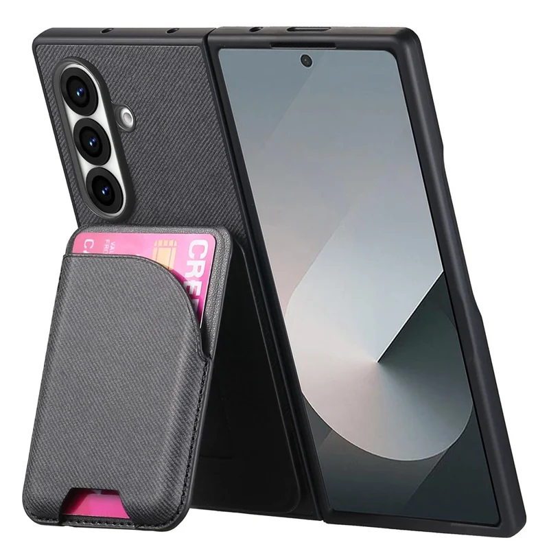 For Samsung Galaxy Z Fold7 5G Magnetic Case Kickstand Denim Texture Leather Back Cover with Detachable Card Bag - Black