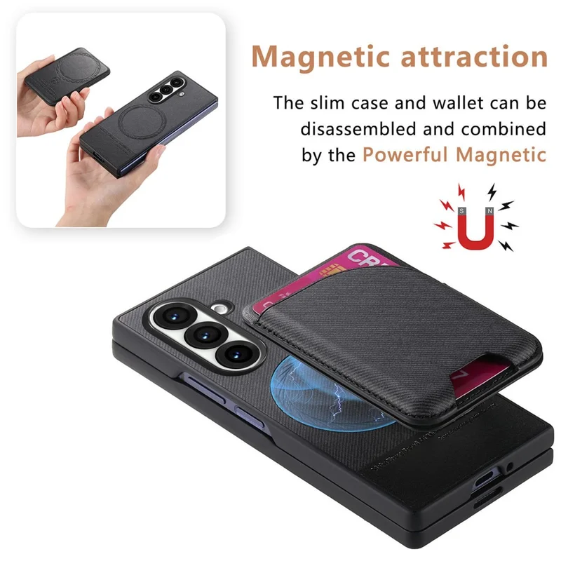 For Samsung Galaxy Z Fold7 5G Magnetic Case Kickstand Denim Texture Leather Back Cover with Detachable Card Bag - Black