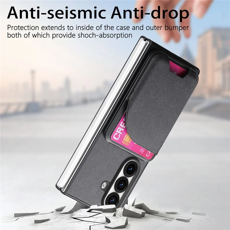 For Samsung Galaxy Z Fold7 5G Magnetic Case Kickstand Denim Texture Leather Back Cover with Detachable Card Bag - Black