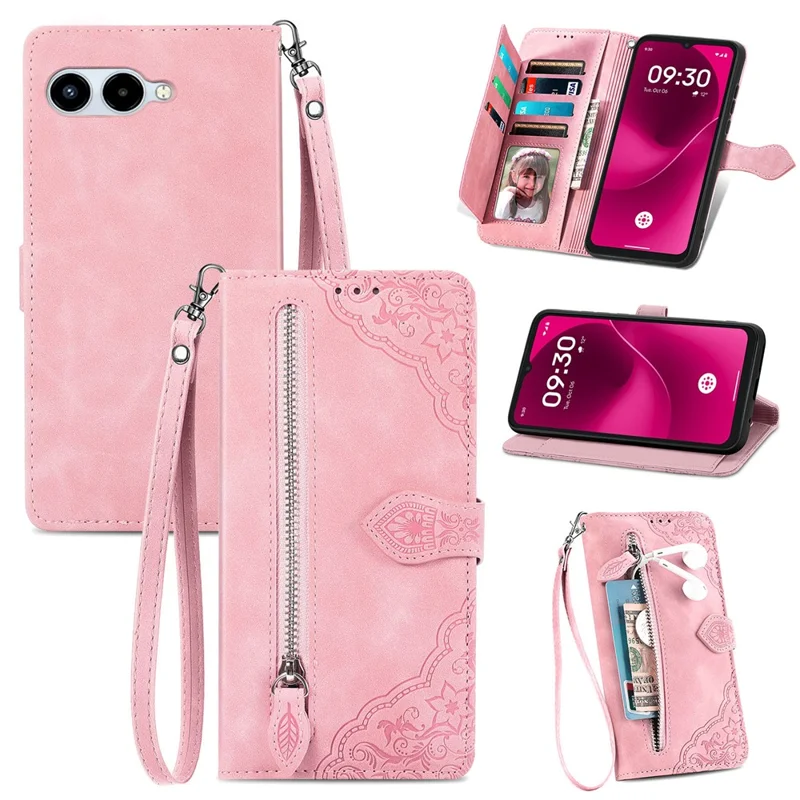 For T-Mobile REVVL 8 Zipper Wallet Case with Strap Flower Imprint PU Leather Phone Cover - Pink
