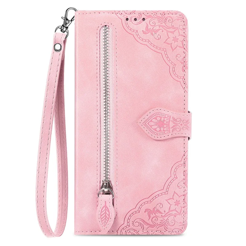 For T-Mobile REVVL 8 Zipper Wallet Case with Strap Flower Imprint PU Leather Phone Cover - Pink