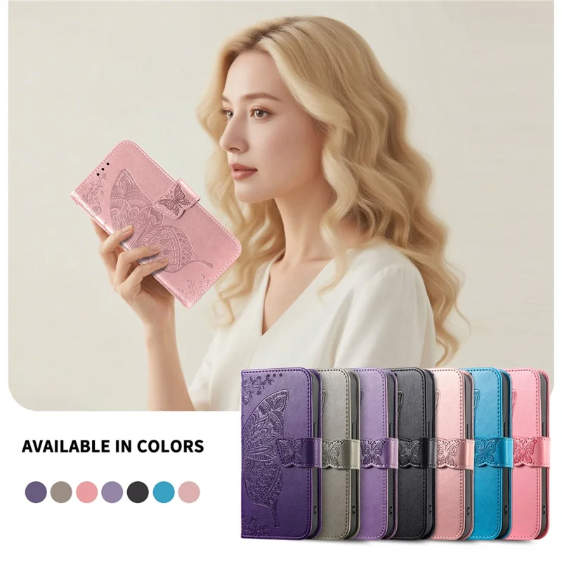 For T-Mobile REVVL 8 Case with Strap Butterfly Pattern PU Leather Wallet Phone Cover - Rose Gold