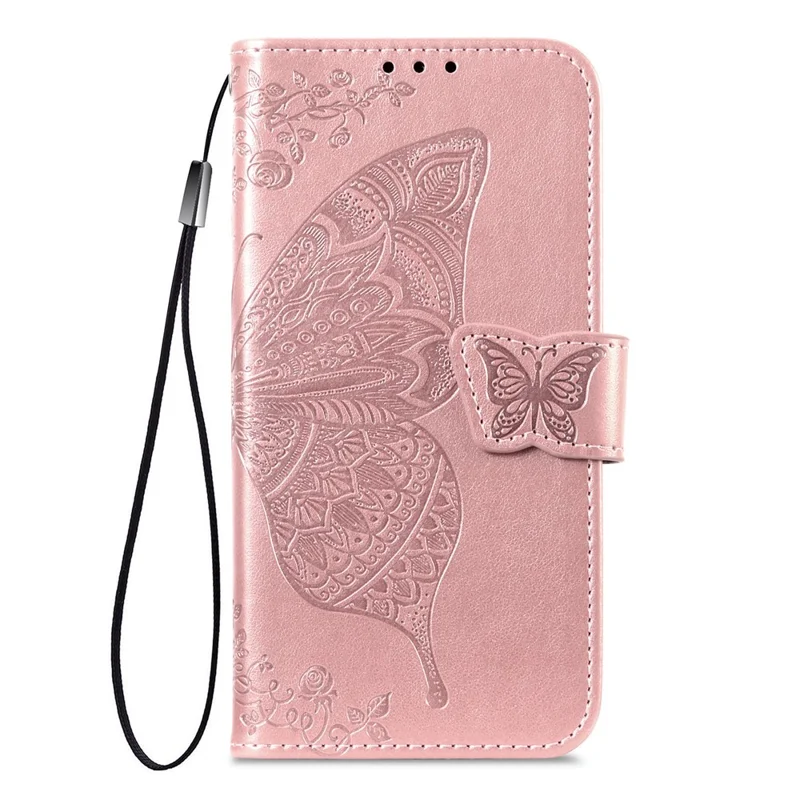 For T-Mobile REVVL 8 Case with Strap Butterfly Pattern PU Leather Wallet Phone Cover - Rose Gold